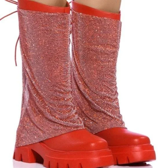 Miz AZALEA WANG x AKIRA Big Red: Blinging Construction Boot 7.5 8